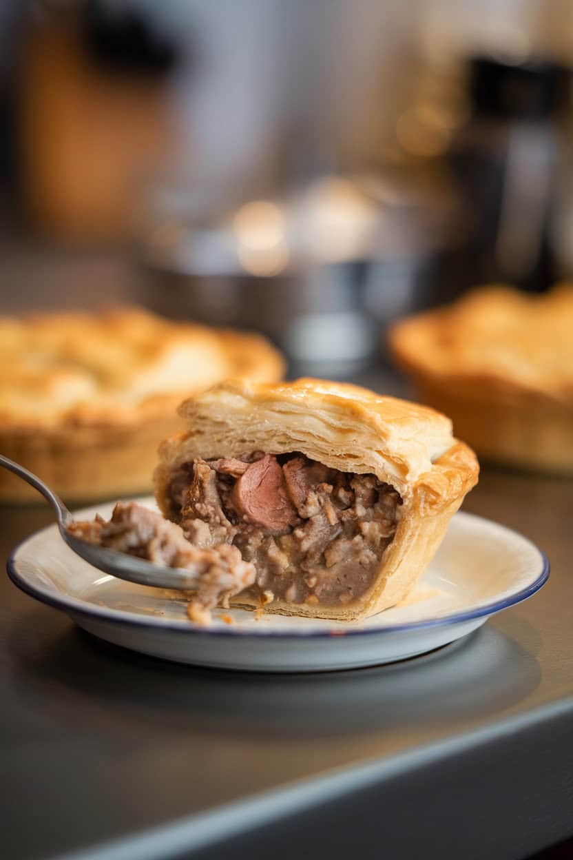 Photo of an individual puff-pastry topped lamb pot pie with a spoon revealing savory filling, indoor countertop, no text or logos.