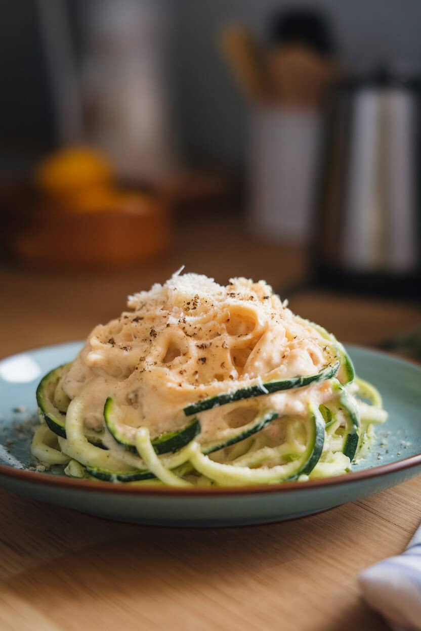 Indoor plate of zucchini noodles coated in creamy Alfredo sauce, topped with grated Parmesan and cracked pepper. No text or logos visible.