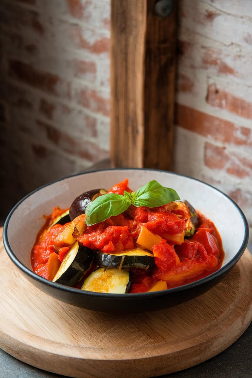 An indoor shot of stewed zucchini, eggplant, and bell peppers in tomato sauce, garnished with basil leaves, no logos present.
