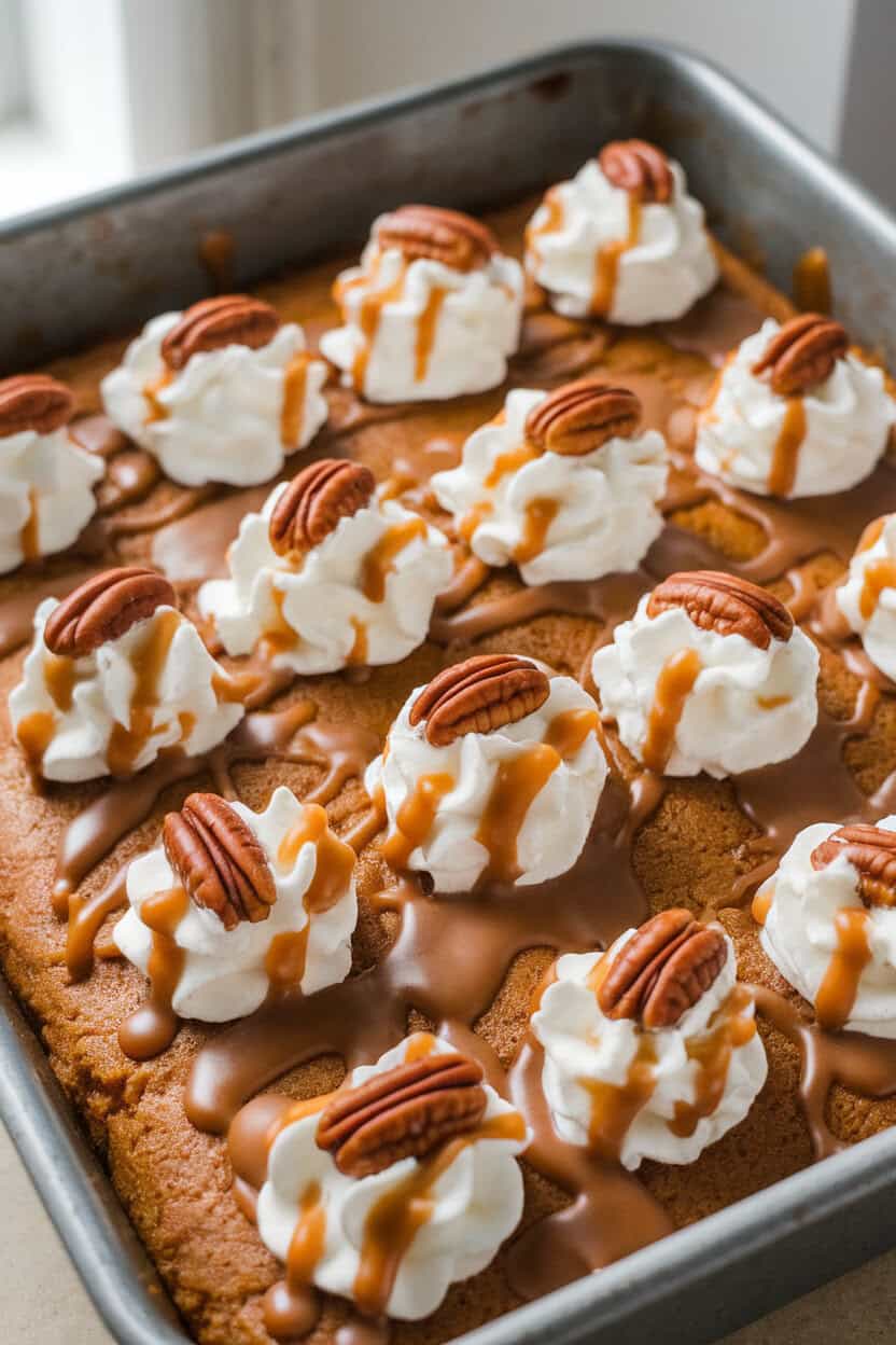 Photo, not illustration. Indoor baking dish of pumpkin sheet cake with caramel drizzles seeping into poke holes, topped with whipped topping and pecans. No logos.