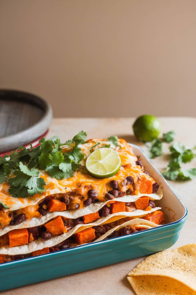 Indoor table showing a colorful enchilada casserole layered with tortillas, roasted sweet potatoes, black beans, and melted cheese. Photo only, no text or logos.