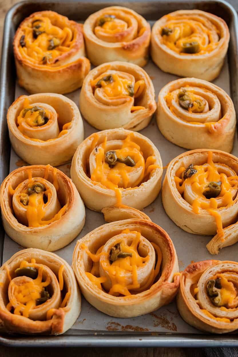 Indoor baking sheet showing golden puff-pastry pinwheels swirled with melted cheddar and green jalapeño bits. No text or logos.