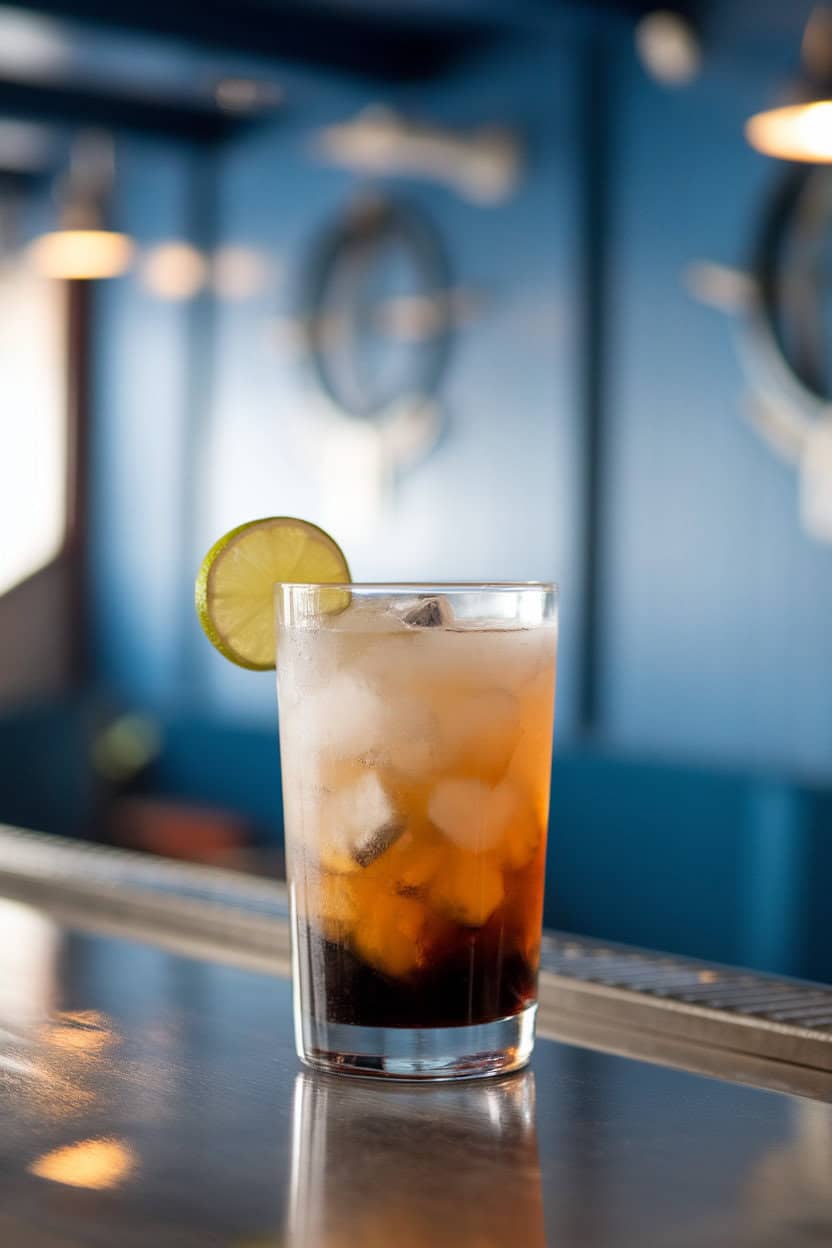 An indoor nautical-themed bar area with a tall glass of Molasses Dark ’n Stormy, dark rum layering over ginger beer, lime wedge on rim; no text or logos; photo