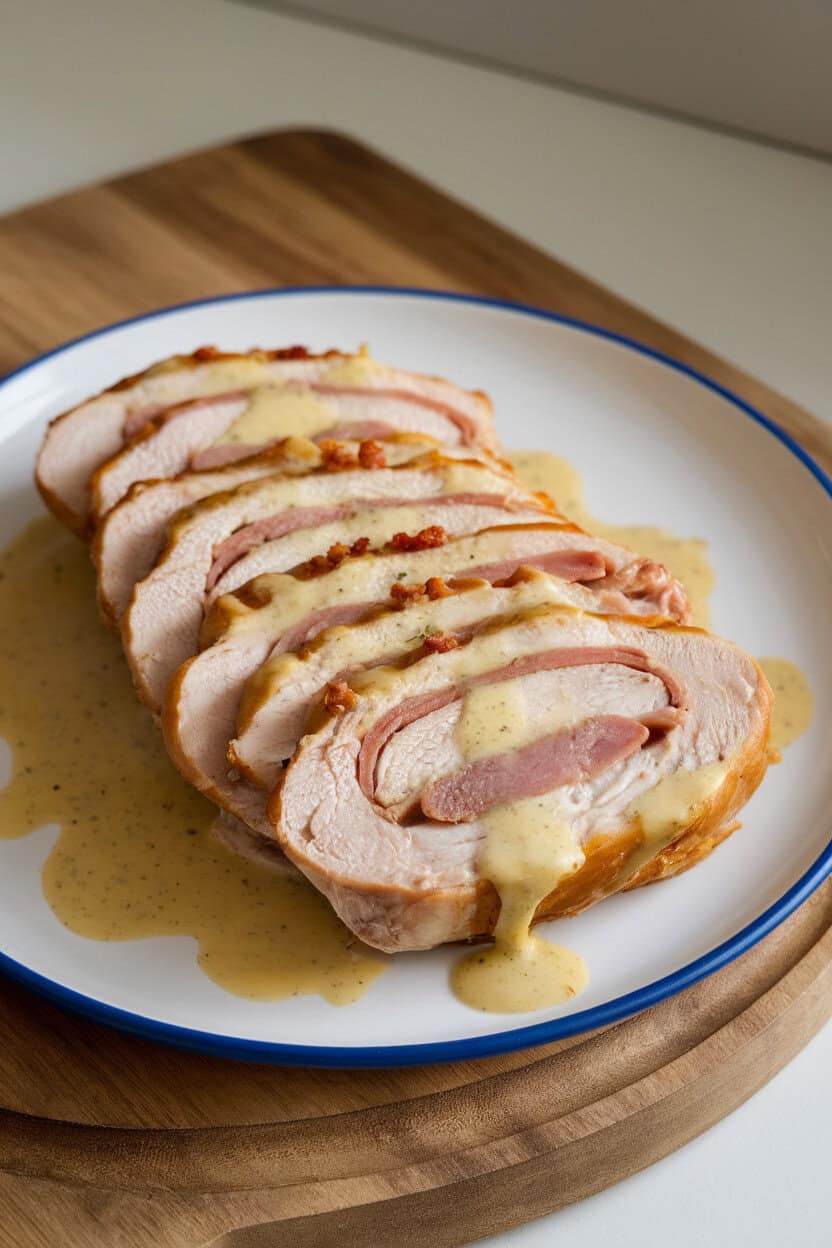 A dinner plate indoors featuring sliced chicken cordon bleu showing ham and melted Swiss inside, a drizzle of Dijon cream sauce on top; no text or logos; photo