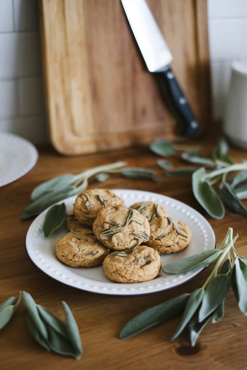 Photo prompt: Indoor kitchen with a white plate of brown butter sage cookies, fresh sage leaves scattered around. No text or logos present.