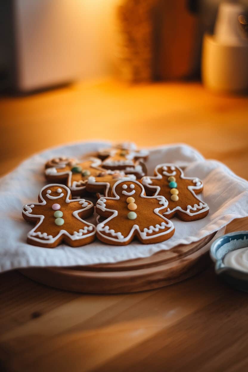 A warmly lit indoor kitchen counter featuring a wooden board with neatly decorated gingerbread men cookies—white icing outlines and candy buttons—with a small dish of royal icing nearby; shallow depth of field, no text or logos visible. Photo, not illustration.