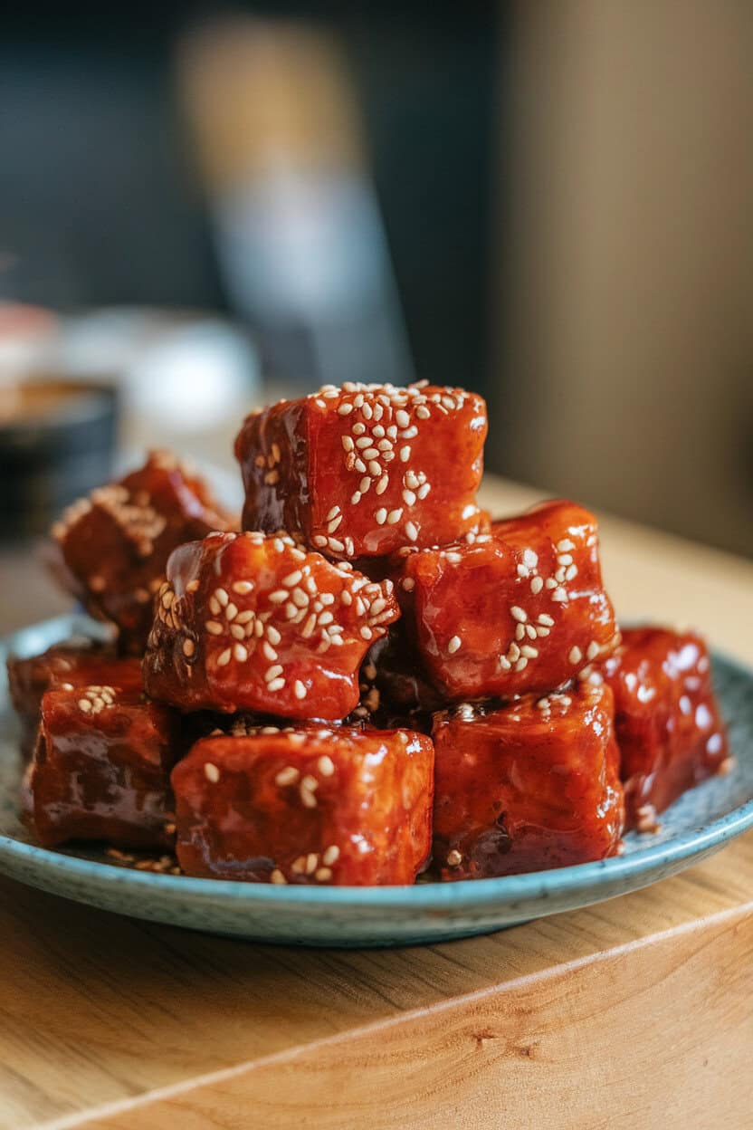 An indoor appetizer plate piled with cube-sized pork belly pieces coated in sticky red glaze, sprinkled with sesame seeds. No text or logos in view.
