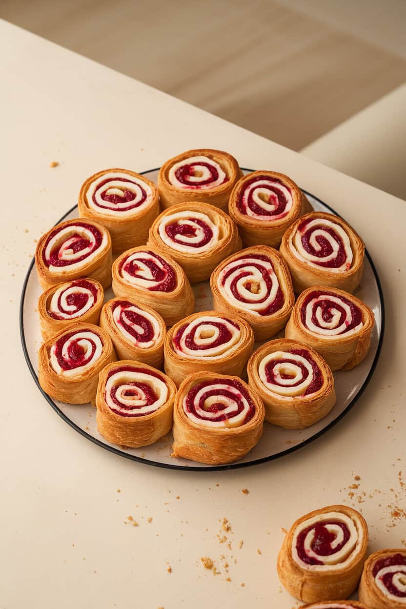 An indoor platter of golden puff pastry pinwheels showing spirals of Brie and bright raspberry jam, small crumbs scattered on the plate. No text or logos. Photo only.