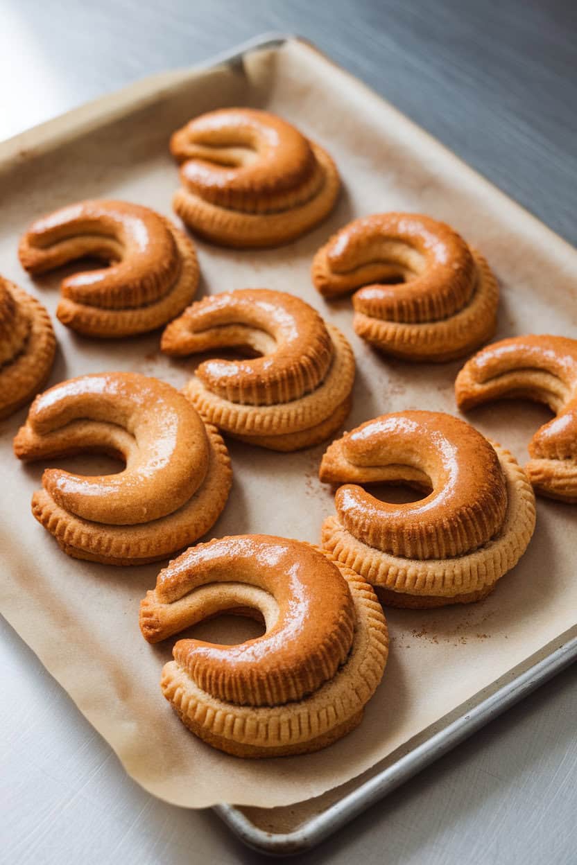 Indoor bakery-style photo of palmier cookies with glossy cinnamon sugar layers, sitting on parchment, no logos visible.
