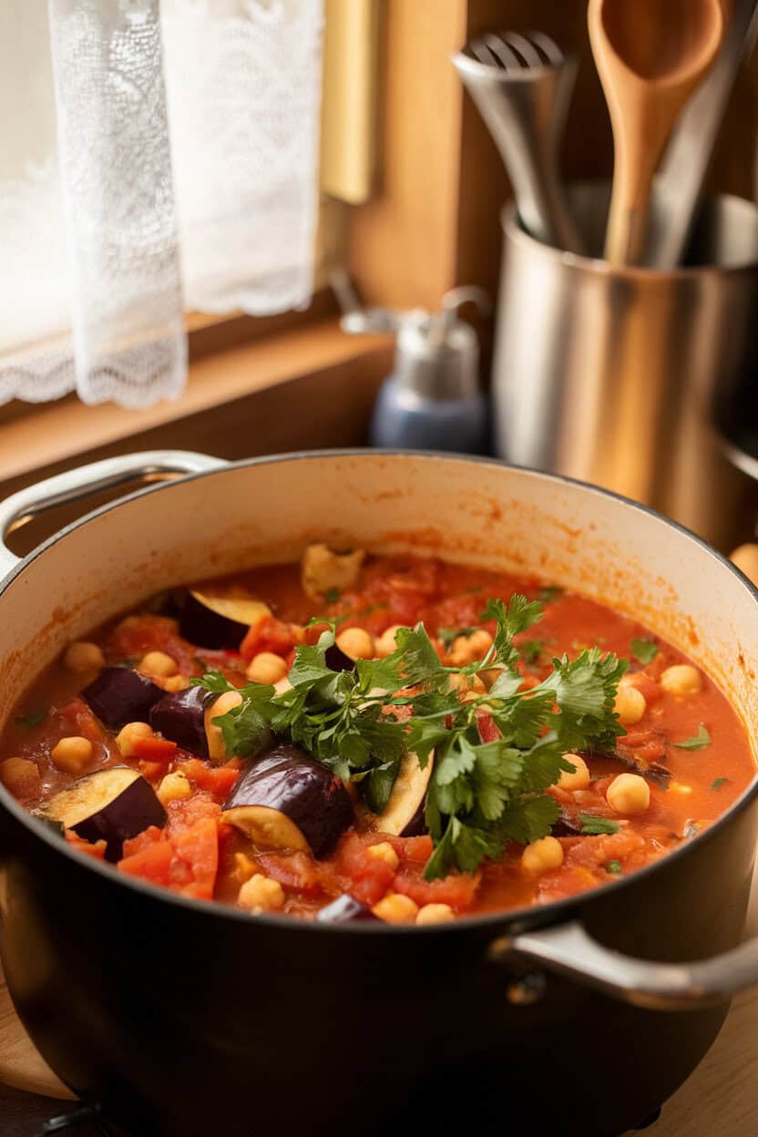 Photo of an indoor soup pot filled with chunky tomato-based stew containing eggplant cubes, chickpeas, and fresh parsley. No text or logos.