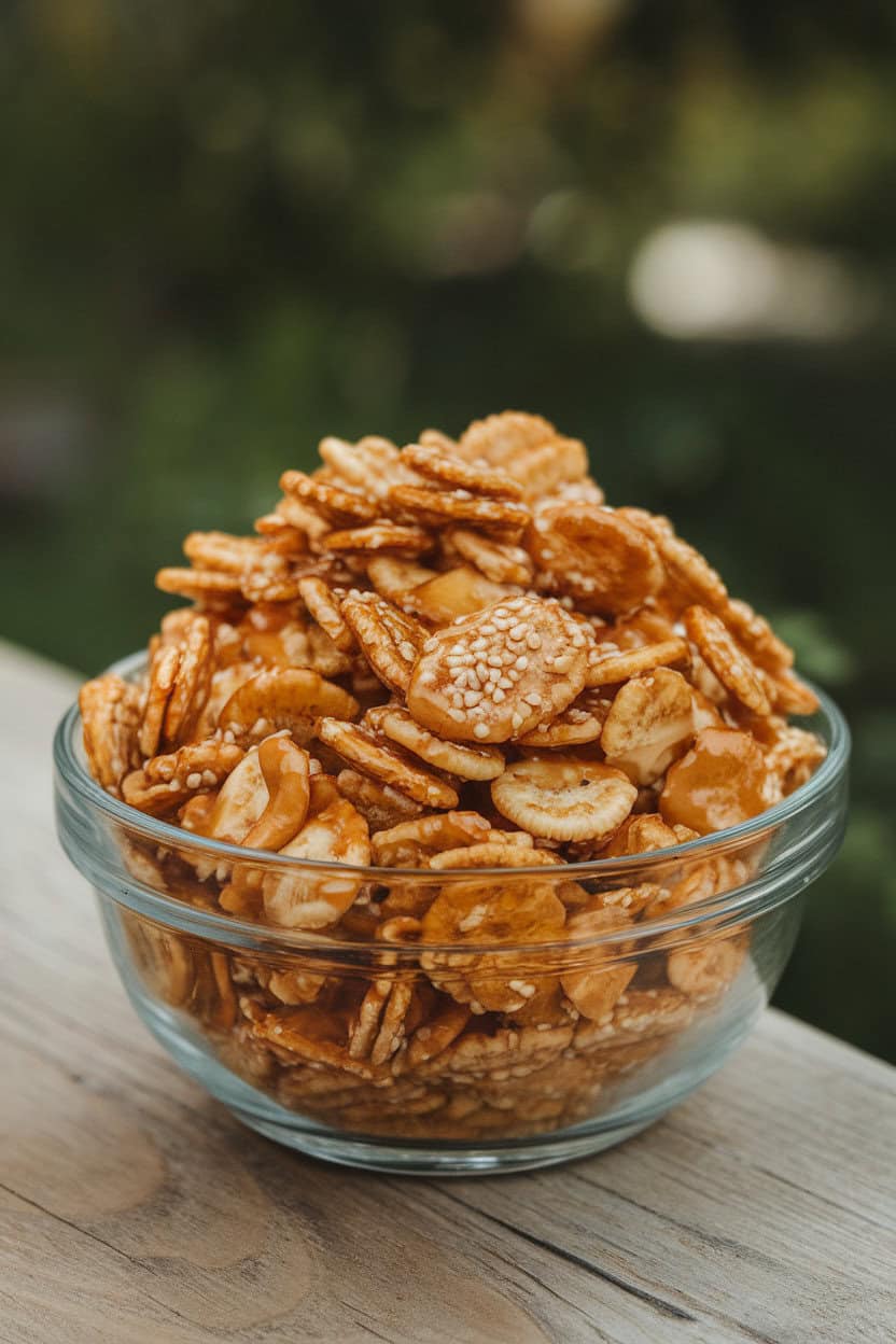 Indoor bowl of cereal-based snack mix coated in a shiny sesame soy glaze with visible sesame seeds. No text or logos.