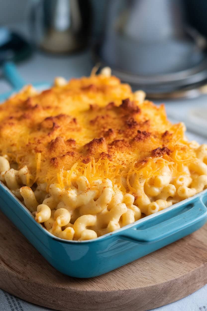 An indoor close-up of a baking dish with mac and cheese, cheddar crust bubbling, flecks of paprika on top. No text or logos on any cookware.