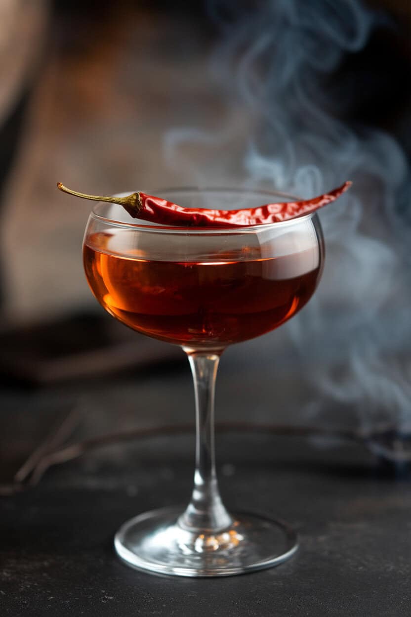 Indoor martini glass with dark brown cocktail, single dried chili resting across rim, smoky background, no text or logos.