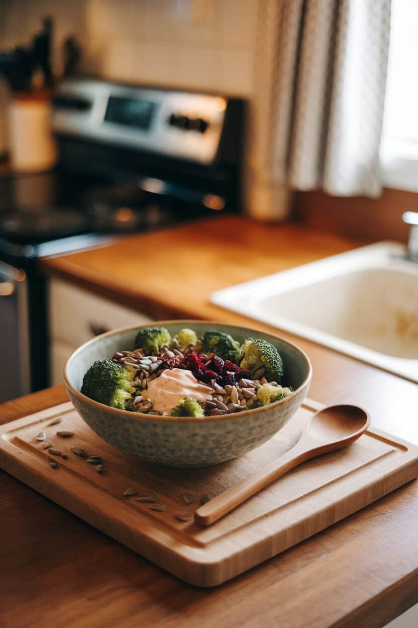 An indoor kitchen island showing a bowl with small broccoli florets, dried cranberries, sunflower seeds, and a creamy dressing, gently tossed. No text or logos; photo, not illustration.
