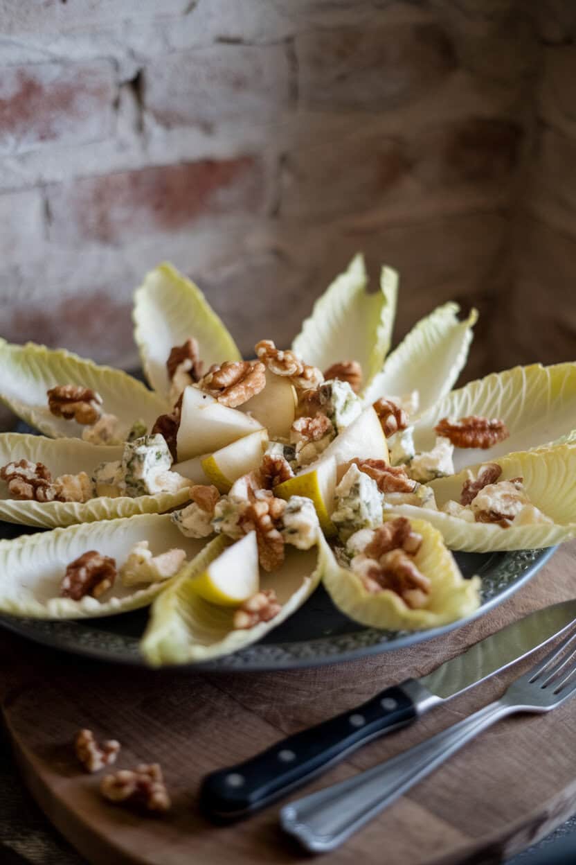 Photo of a platter indoors with crisp endive leaves holding diced pear, crumbled gorgonzola, and walnut pieces, no text or logos.