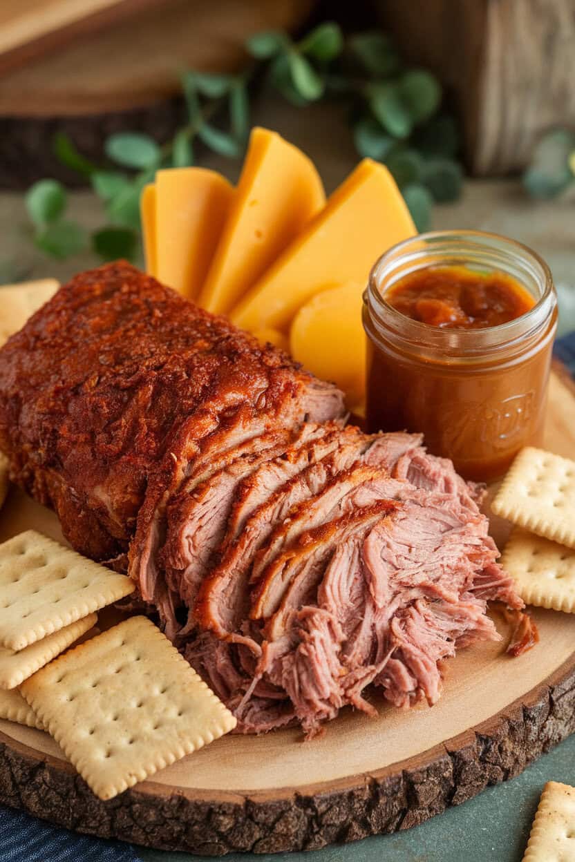 Indoor bar-style photo showing cider-braised pulled pork, aged cheddar slices, apple butter in a small jar, and butter crackers on a wooden board. No text or logos.