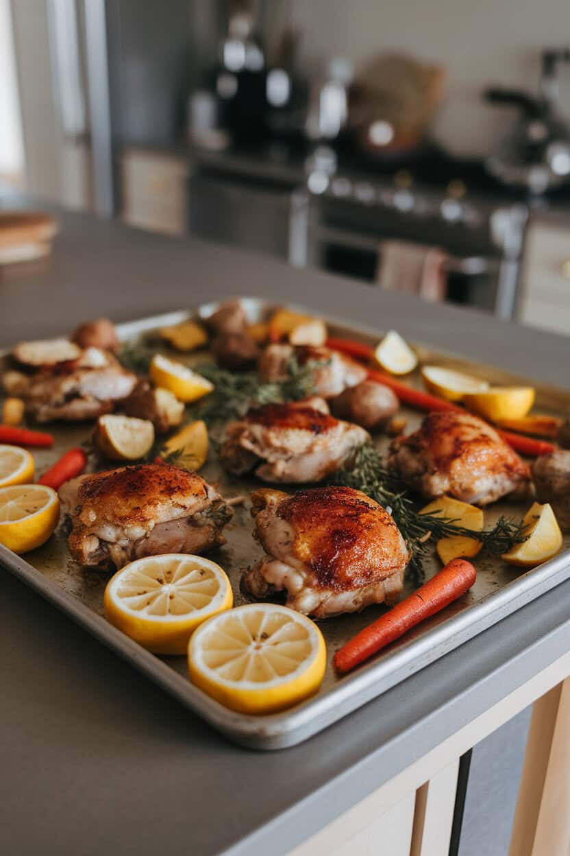 A sheet pan on an indoor kitchen island holding roasted chicken thighs with lemon slices and herbs, vegetables tucked around. No text or logos.
