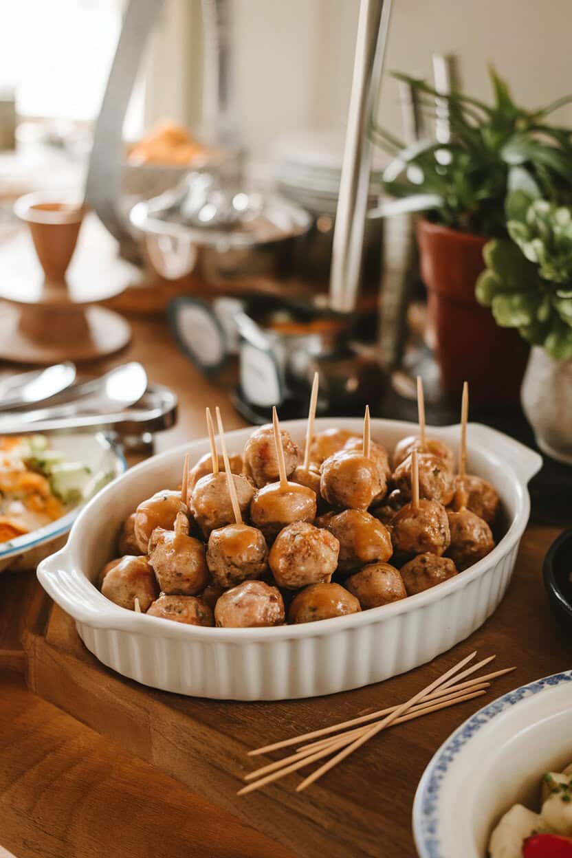 Warm indoor buffet scene with a white oval dish filled with bite-size turkey meatballs coated in a shiny maple-mustard glaze; toothpicks alongside. No text or logos.