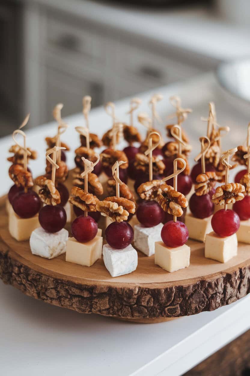 An indoor serving board with mini skewers threaded with Brie cubes, red grapes, and toasted walnut halves, arranged neatly. No text or logos. Photo only.