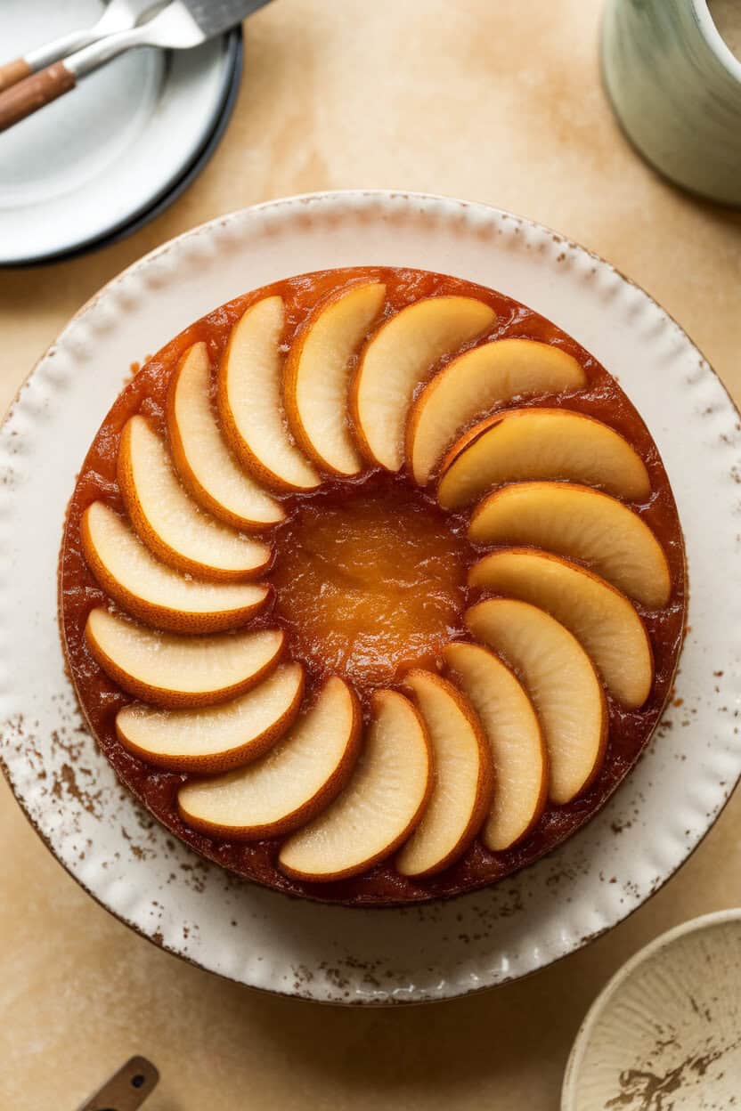 An indoor cake plate with a cardamom pear upside-down cake, pear slices arranged in a carousel pattern. No text or logos.