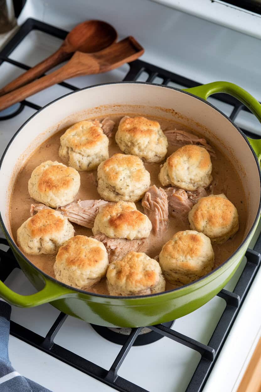 A Dutch oven of creamy chicken stew topped with fluffy biscuit-style dumplings, set on an indoor stove trivet. No text or logos; photo, not illustration.