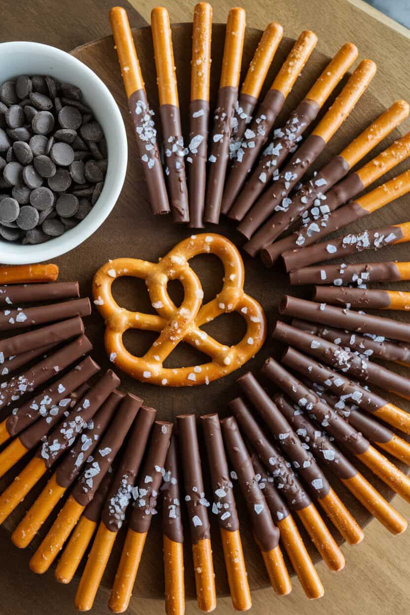 Indoor dessert platter of pretzel rods half-dipped in dark chocolate and sprinkled with flaky sea salt—overhead shot, no text or logos.