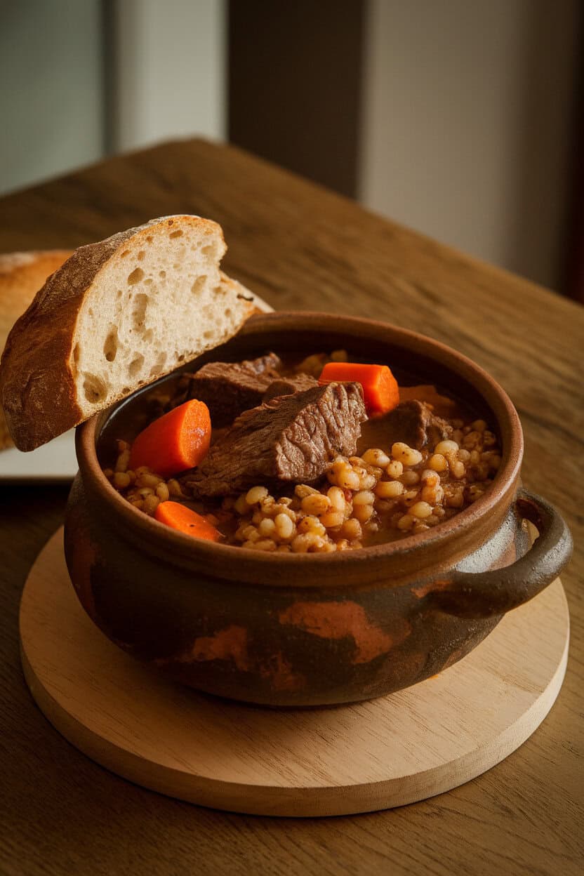 An indoor dining table featuring a heavy ceramic bowl filled with thick beef and barley stew, chunks of tender beef and sliced carrots visible in a dark, glossy gravy. A slice of crusty bread leans against the bowl; no text or logos in sight. Photo, not illustration.