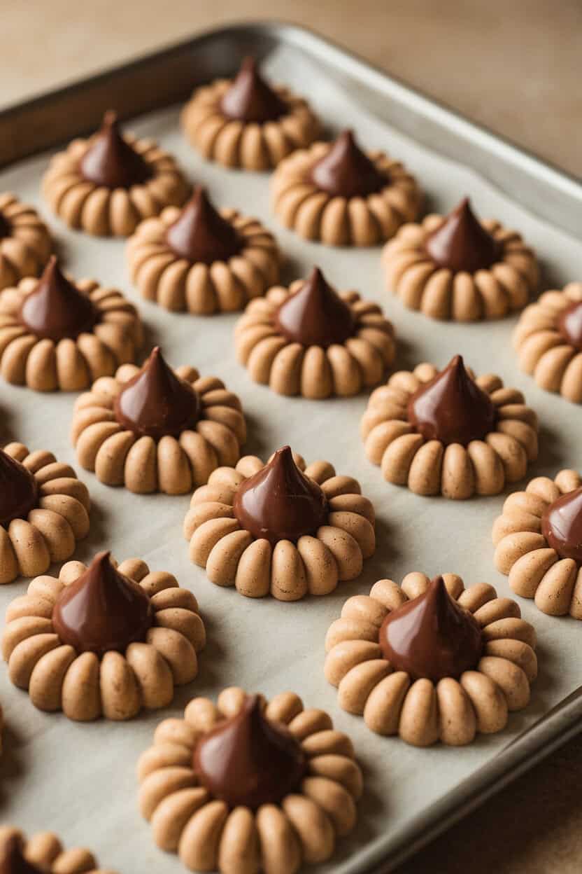 An indoor photo of peanut butter blossom cookies with glossy chocolate kisses in the center, arranged in neat rows on a baking sheet. No text or logos anywhere.