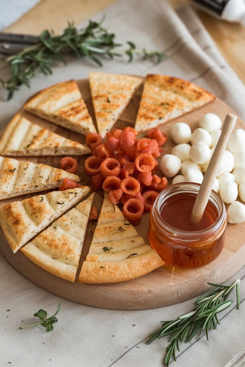 Photo indoors of toasted flatbread triangles, deli-style pepperoni curls, mozzarella pearls, and a small jar of hot honey with dipper. No text or logos.