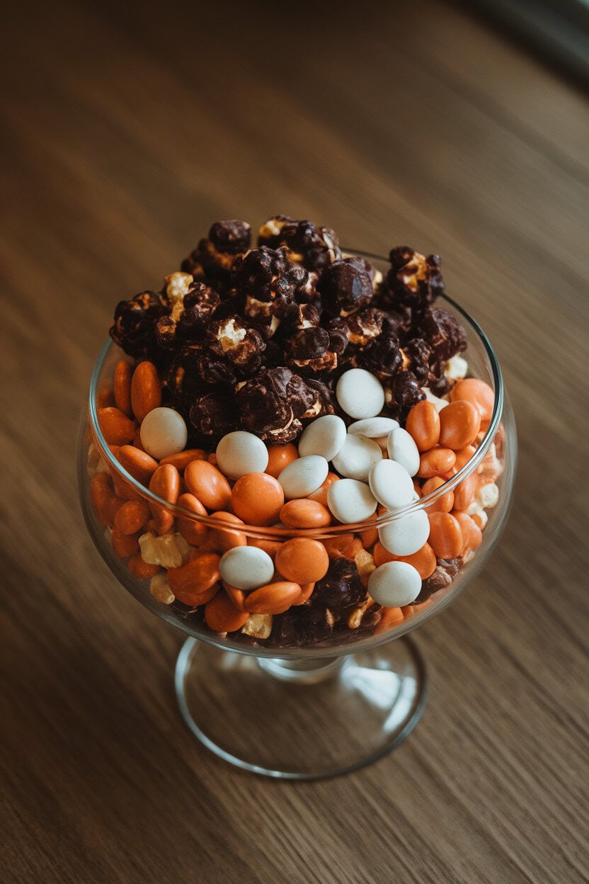 An indoor glass bowl brimming with black cocoa-dusted popcorn, orange candy-coated chocolates, and white chocolate chips. No logos or text.
