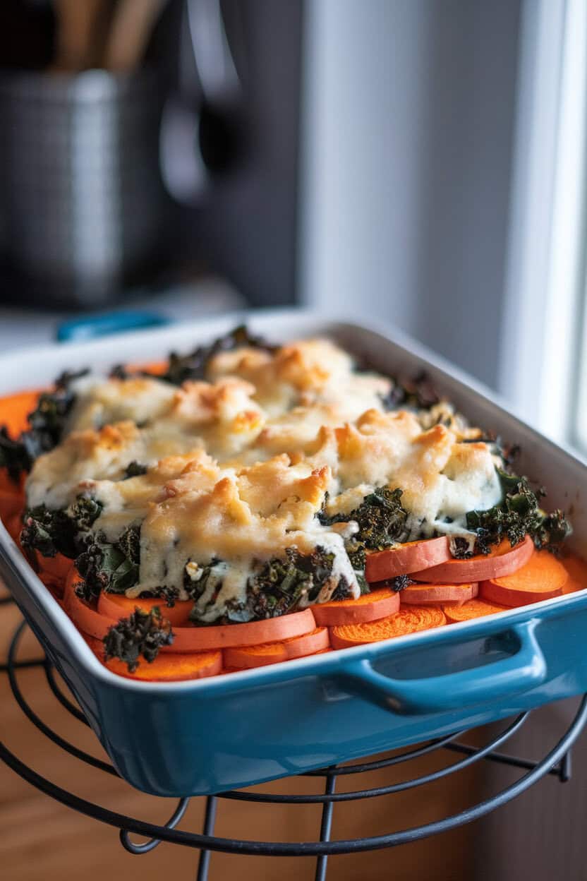 Photo of a baking dish filled with layered sweet potato rounds and wilted kale, topped with melted Gruyère, placed on a trivet indoors. No text or logos.