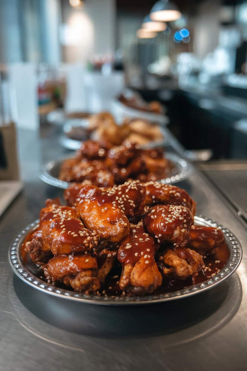 A platter on an indoor bar counter featuring baked chicken wings coated in glossy red gochujang sauce, sesame seeds scattered; no text or logos; photo