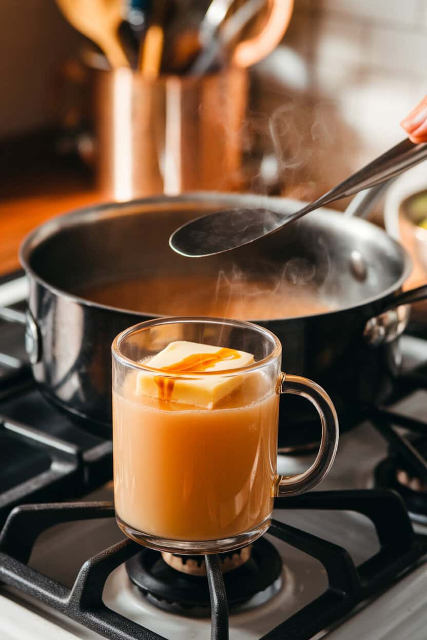 An indoor stovetop scene featuring a saucepan of steaming cider being ladled into a clear mug, pat of melting maple-infused butter floating; no text or logos; photo