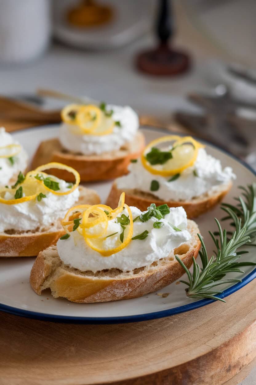Indoor plate of baguette slices topped with whipped ricotta, lemon zest curls, and chopped fresh herbs. No text or logos.