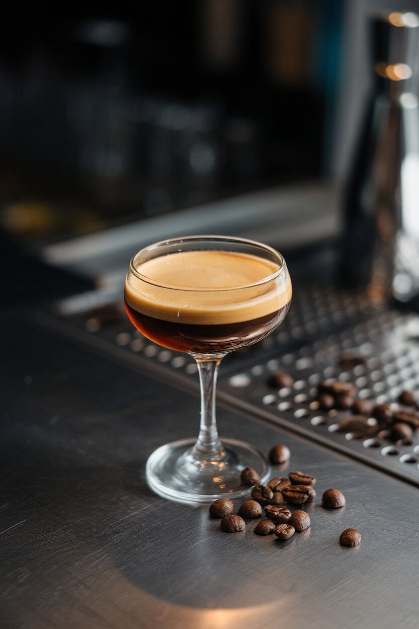 Indoor bar top featuring a small coupe with dark espresso shot layered at the bottom and golden champagne on top, coffee beans scattered nearby, no text or logos.