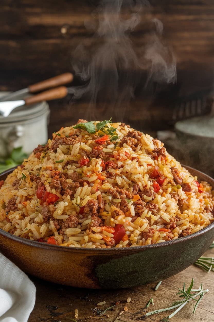 An indoor serving bowl filled with Cajun dirty rice studded with peppers, ground meat, and herbs, steam rising. No text or logos. Photo, not an illustration.