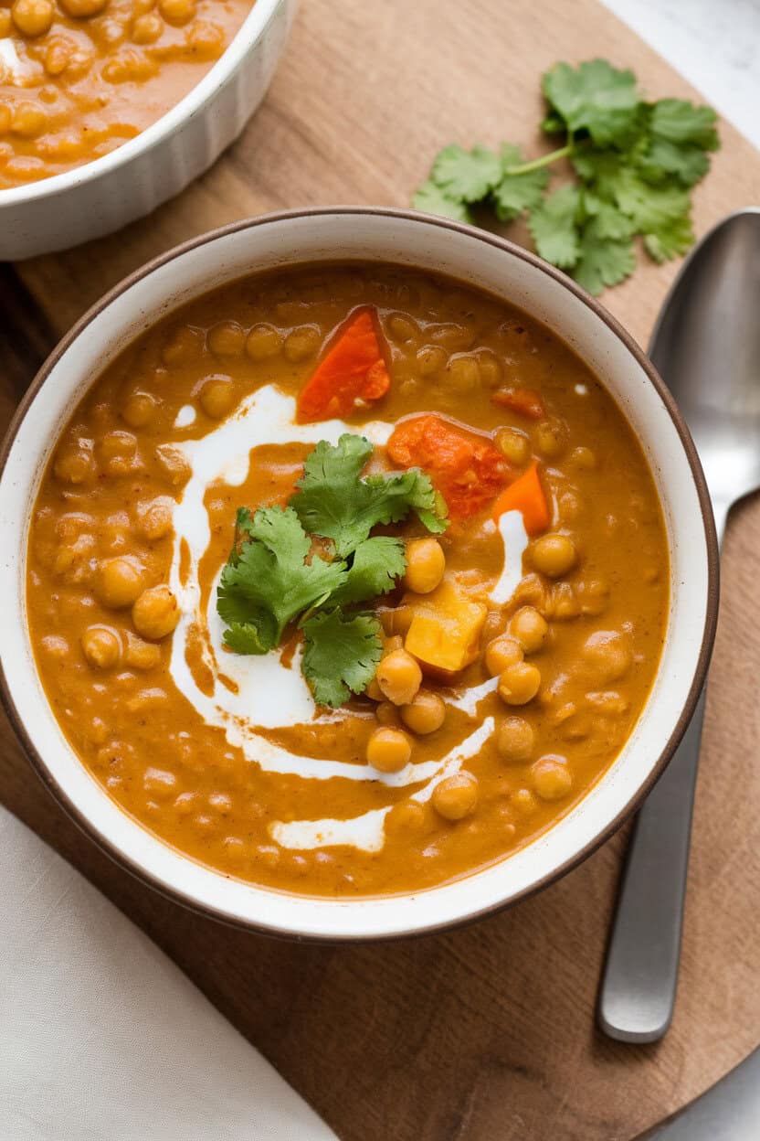 An indoor soup bowl filled with golden coconut curry lentil soup, cilantro sprinkled on top—photo, no text or logos