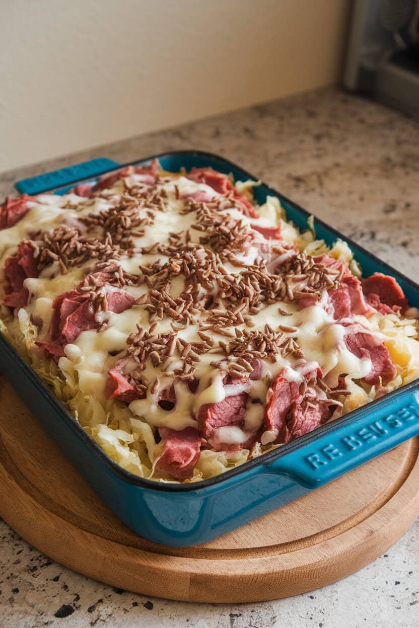 Indoor countertop with a bubbling Reuben casserole topped with melted Swiss and a sprinkle of caraway seeds. Photo only, no text or logos.
