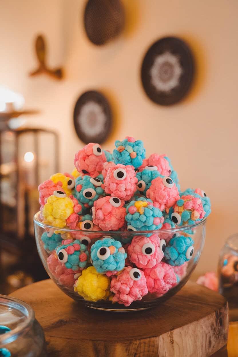 Photo, not illustration. Indoor bowl brimming with neon-colored popcorn balls studded with candy eyes, shot at table height. No logos, warm interior light.