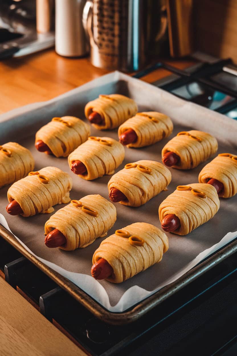 Photo, not illustration — indoor kitchen counter with a parchment-lined baking sheet holding several golden crescent-wrapped hot dogs resembling mummies, thin mustard lines for eyes; warm lighting, no text or logos visible