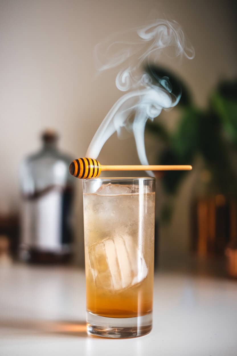 Indoor highball glass filled with pale amber drink and large ice spear, thin plume of smoke from honey dipper resting on rim. No logos.