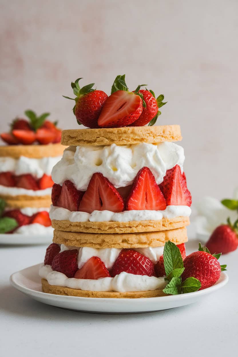 Indoor photo of three-tiered shortcake biscuits layered with macerated strawberries and whipped cream, garnish of mint, no text or logos