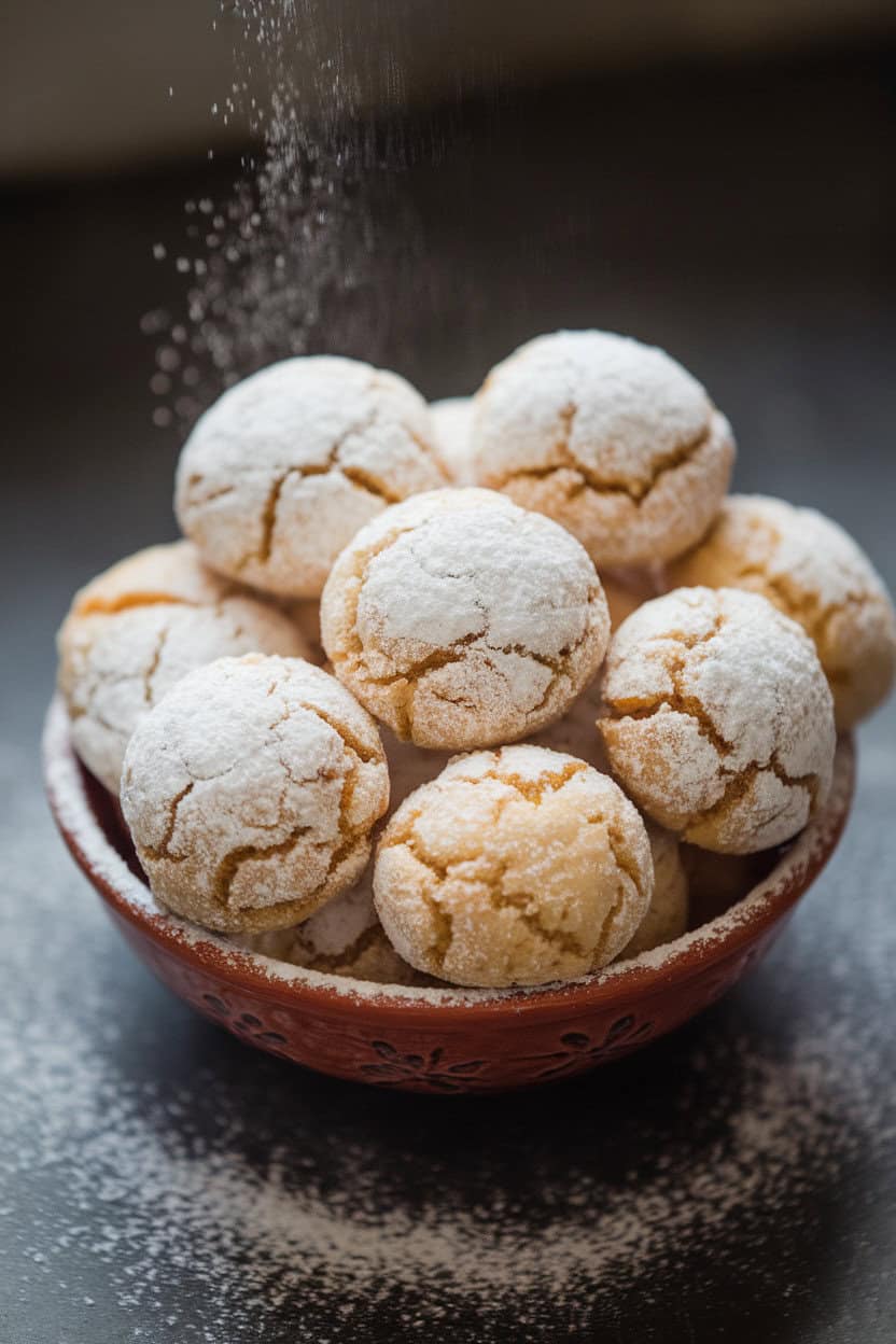 An indoor photo of round, snowy Mexican wedding cookies piled high in a small bowl, powdered sugar dusting the table. No logos or text present.