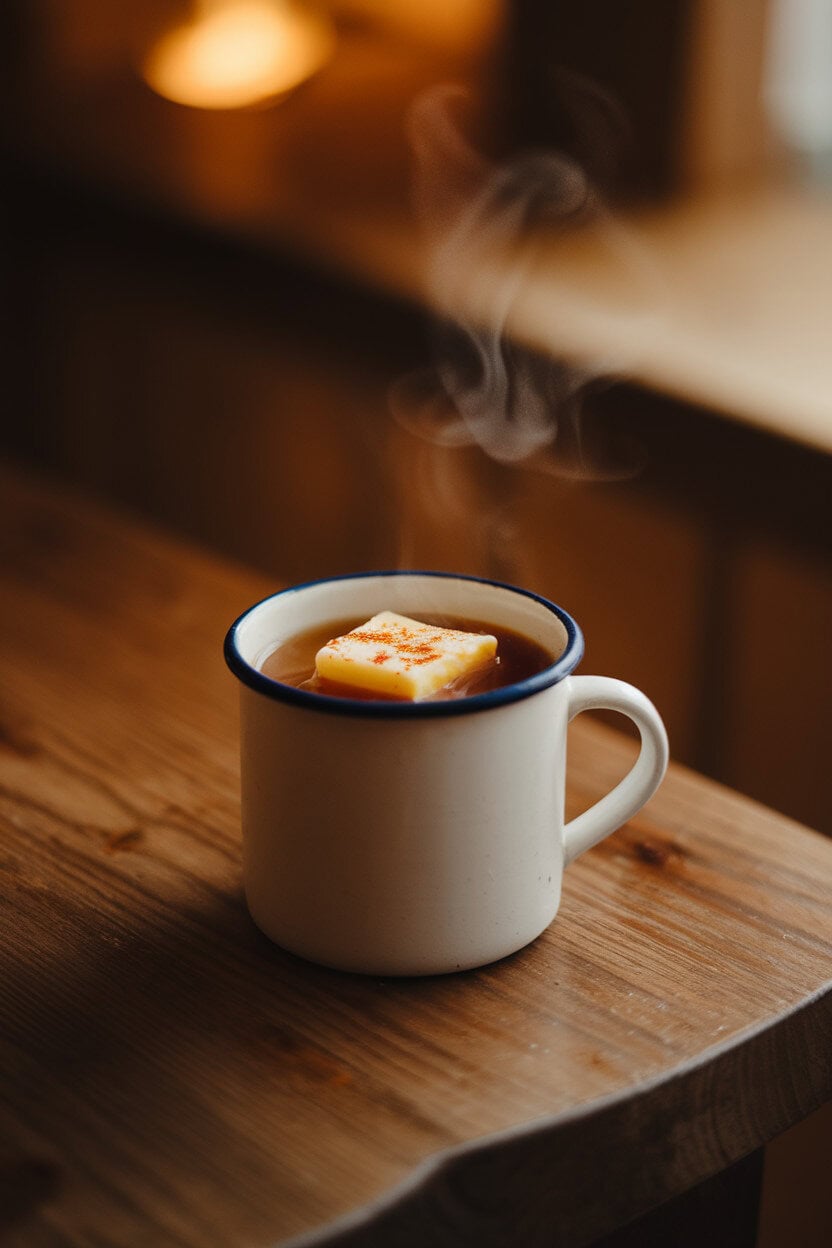 Indoor mug on a wooden table filled with steaming amber liquid, a pat of melting spiced butter floating on top. Warm, cozy lighting, no logos or text.