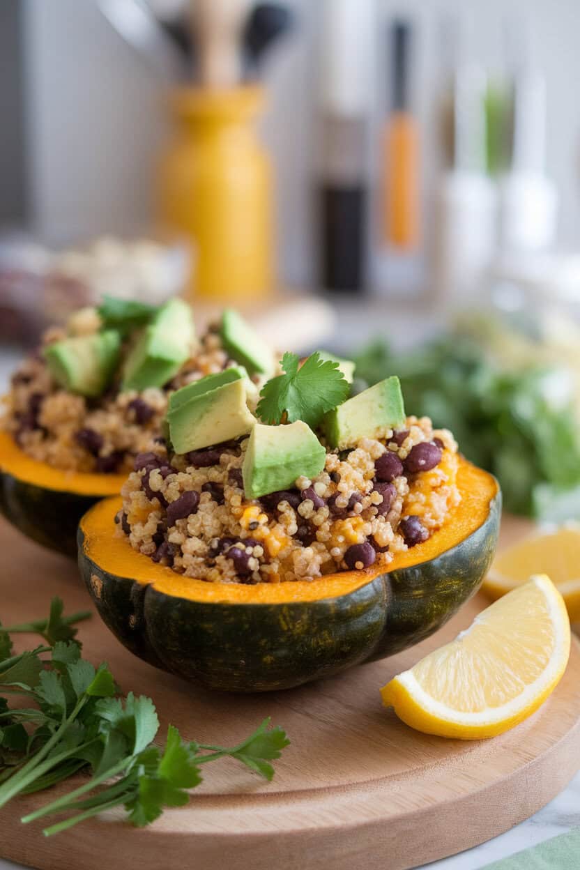 Photograph of a halved roasted acorn squash filled with quinoa, black beans, diced avocado, and cilantro, shot indoors under warm lighting. No text or logos.