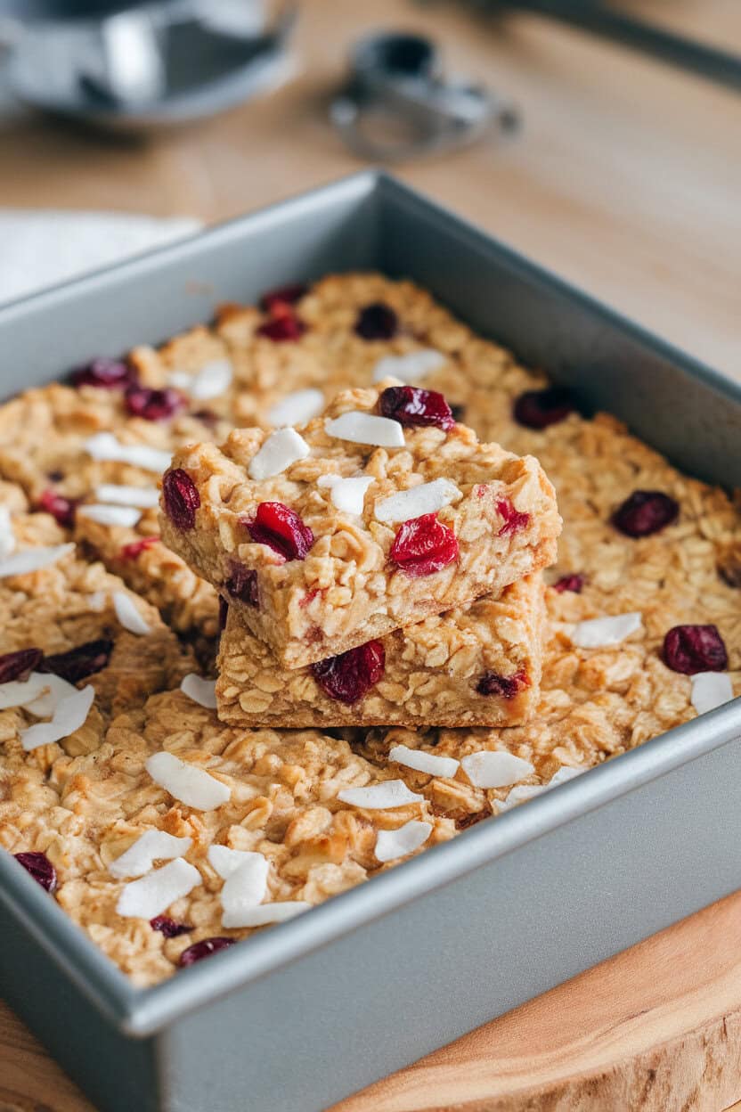 Indoor baking pan of golden baked oatmeal studded with cranberries and coconut flakes, a few bars cut and stacked. No text or logos. Photo, not illustration.