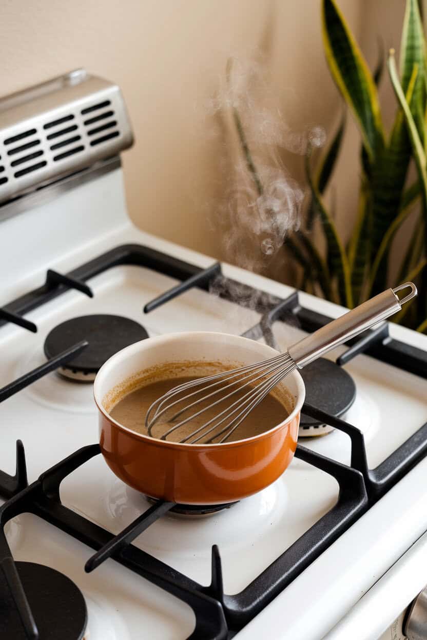An indoor stovetop scene showing a small saucepan of silky brown turkey gravy being whisked, steam curling upward. No text or logos on cookware. Photo, not illustration.