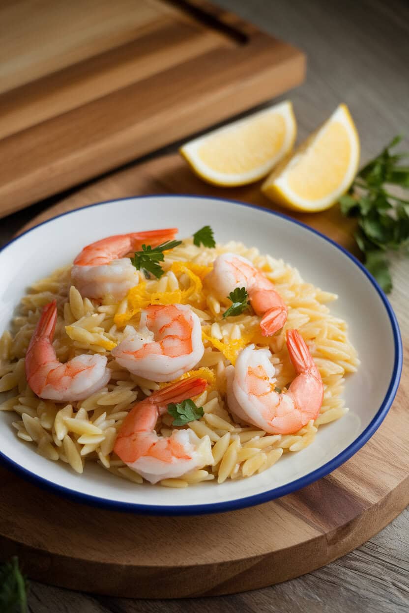 Indoor dinner plate showcasing cooked orzo mixed with shrimp, lemon zest, and parsley, glistening under soft lighting. Photo only, no text or logos.