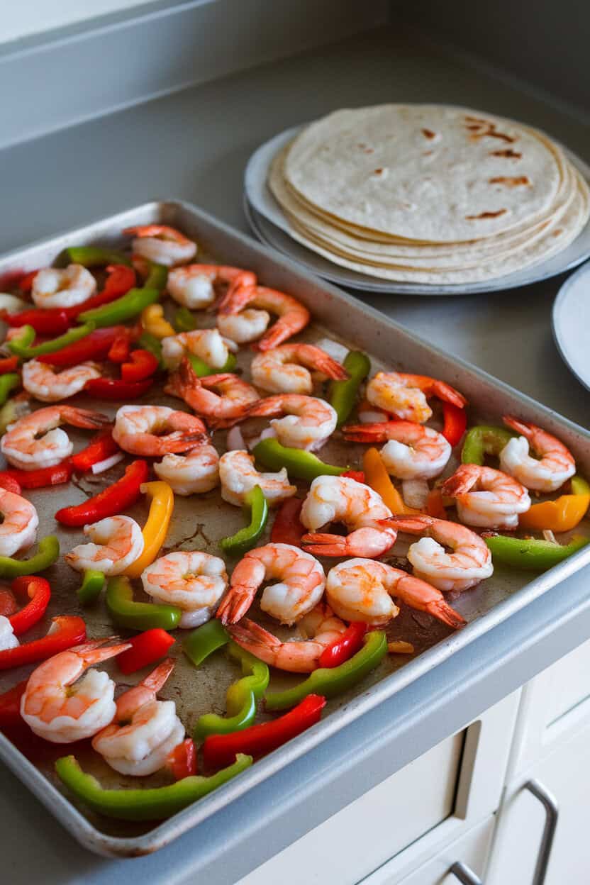 A sheet pan on an indoor countertop loaded with cooked shrimp, sizzling bell peppers, and onions, warm tortillas stacked nearby—photo, no text or logos
