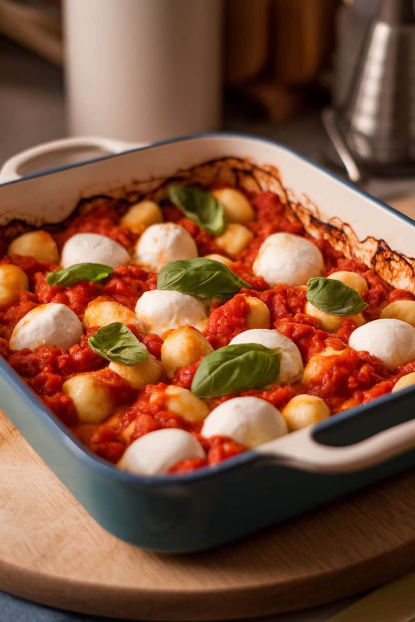A shallow indoor baking dish of bubbling tomato sauce, pillowy gnocchi, and melted mozzarella pearls—photo, no text or logos